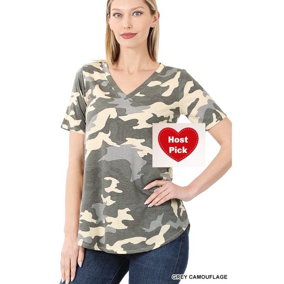 Short Sleeve Camo T-Shirt V-Neck - Round Hem Gray Camouflage - Picture 1 of 6